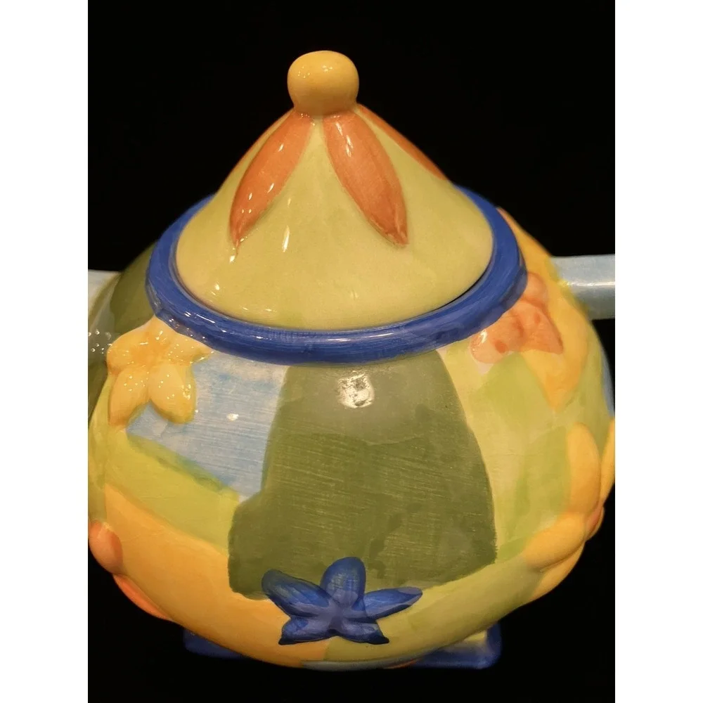 VTG Oneida China Hand Painted Country Style Blue Yellow Orange Floral Teapot